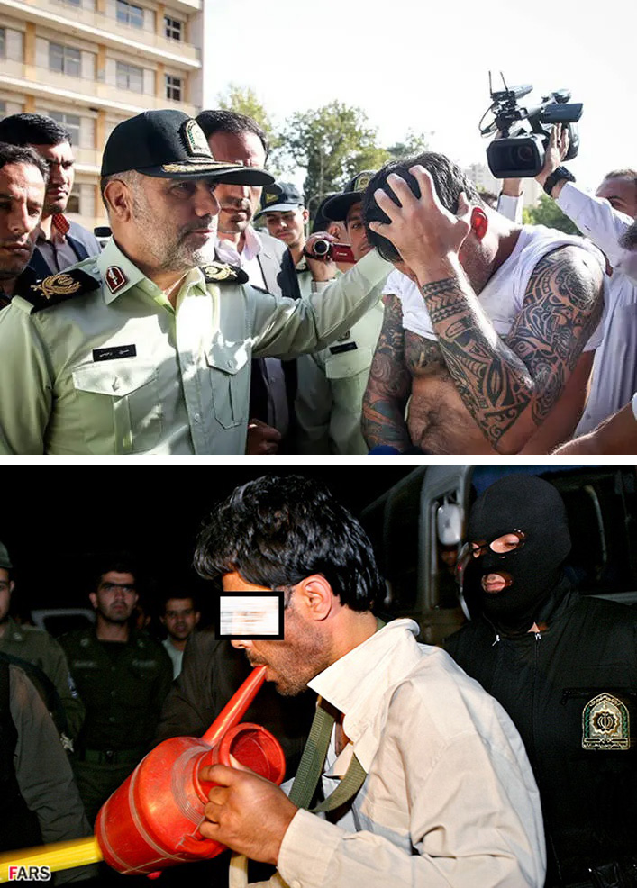 Iranian police publicly humiliating so-called arazel obash — "thugs and ruffians"